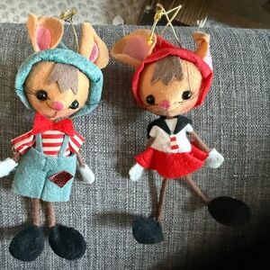 Vintage Jesita Felt Elf Mouse Christmas Ornaments (two)
